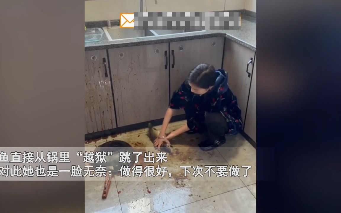 [图]女子为生病闺蜜烧鱼补身体，不料鱼没破肚从锅里越狱：第一次下厨