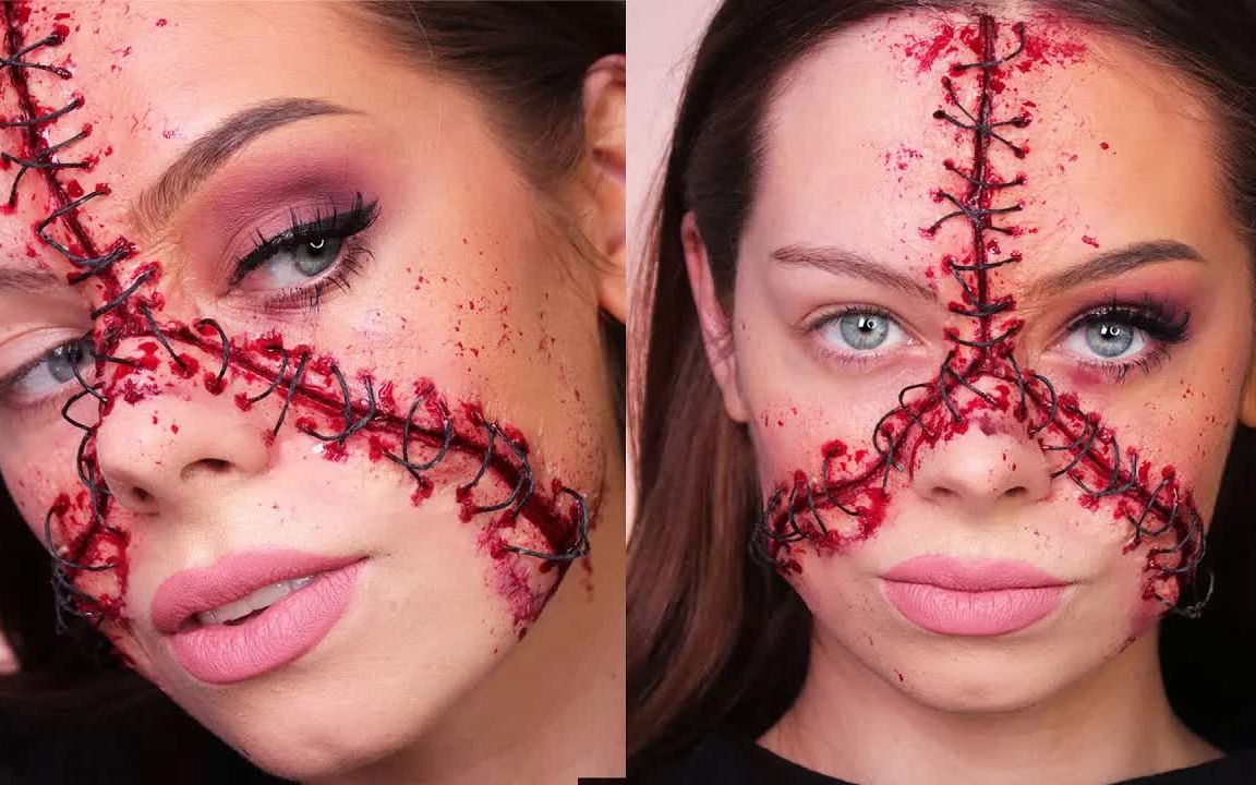 缝合脸特效万圣节化妆教程!看着吓人吗