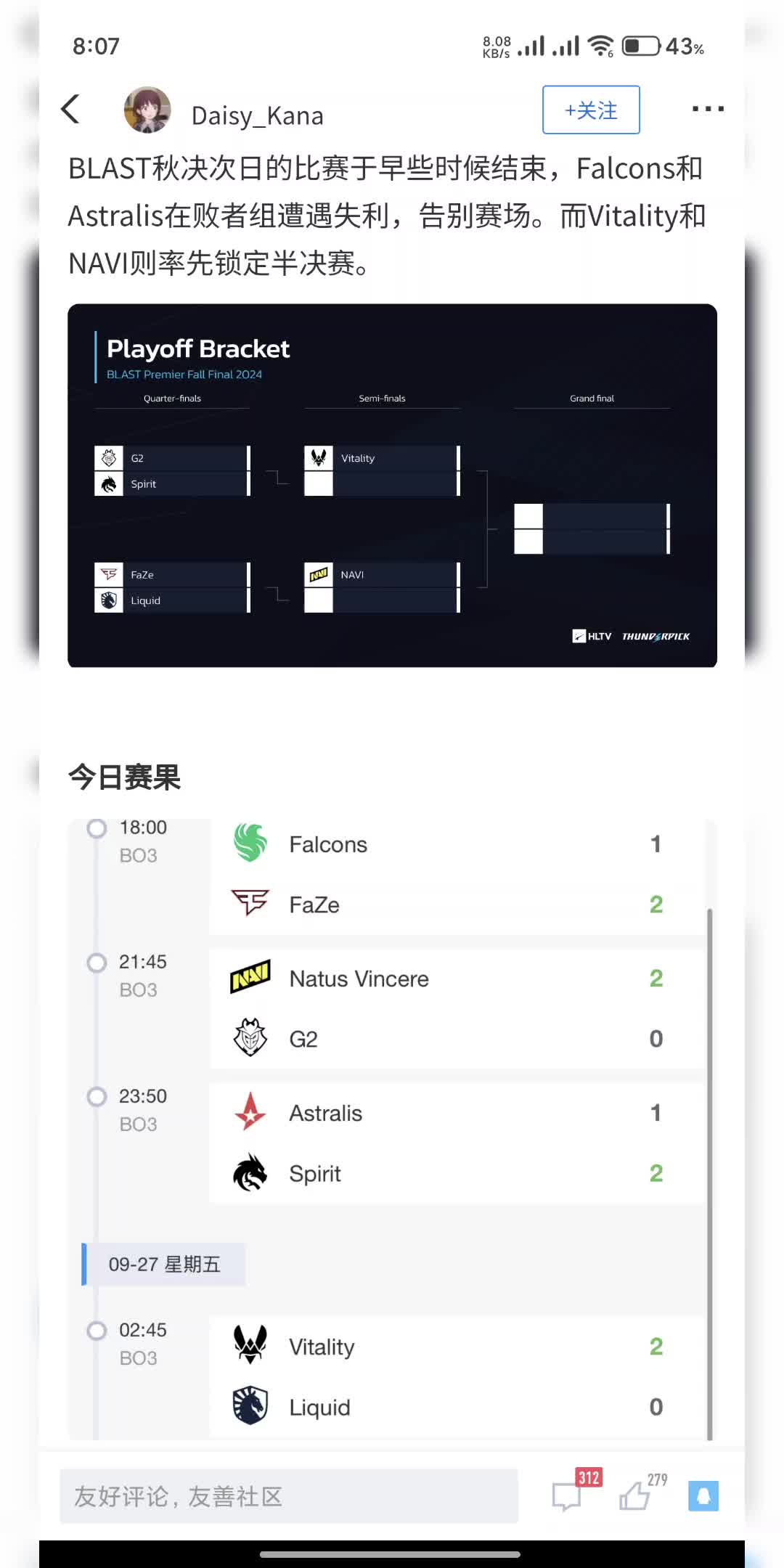 blast秋决次日的比赛于早些时候结束,falcons和astralis在败者组遭遇