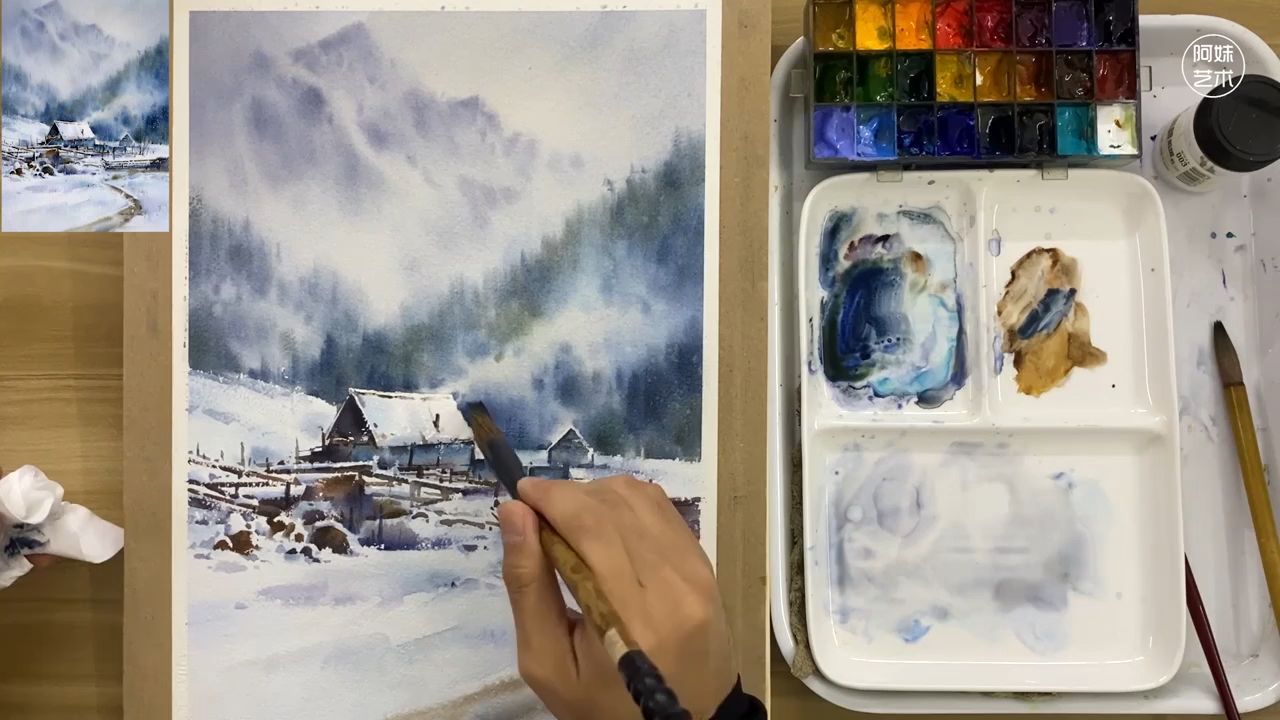 陈思齐意境水彩风景课 第七课:雪景—雪天村落水彩绘制过程