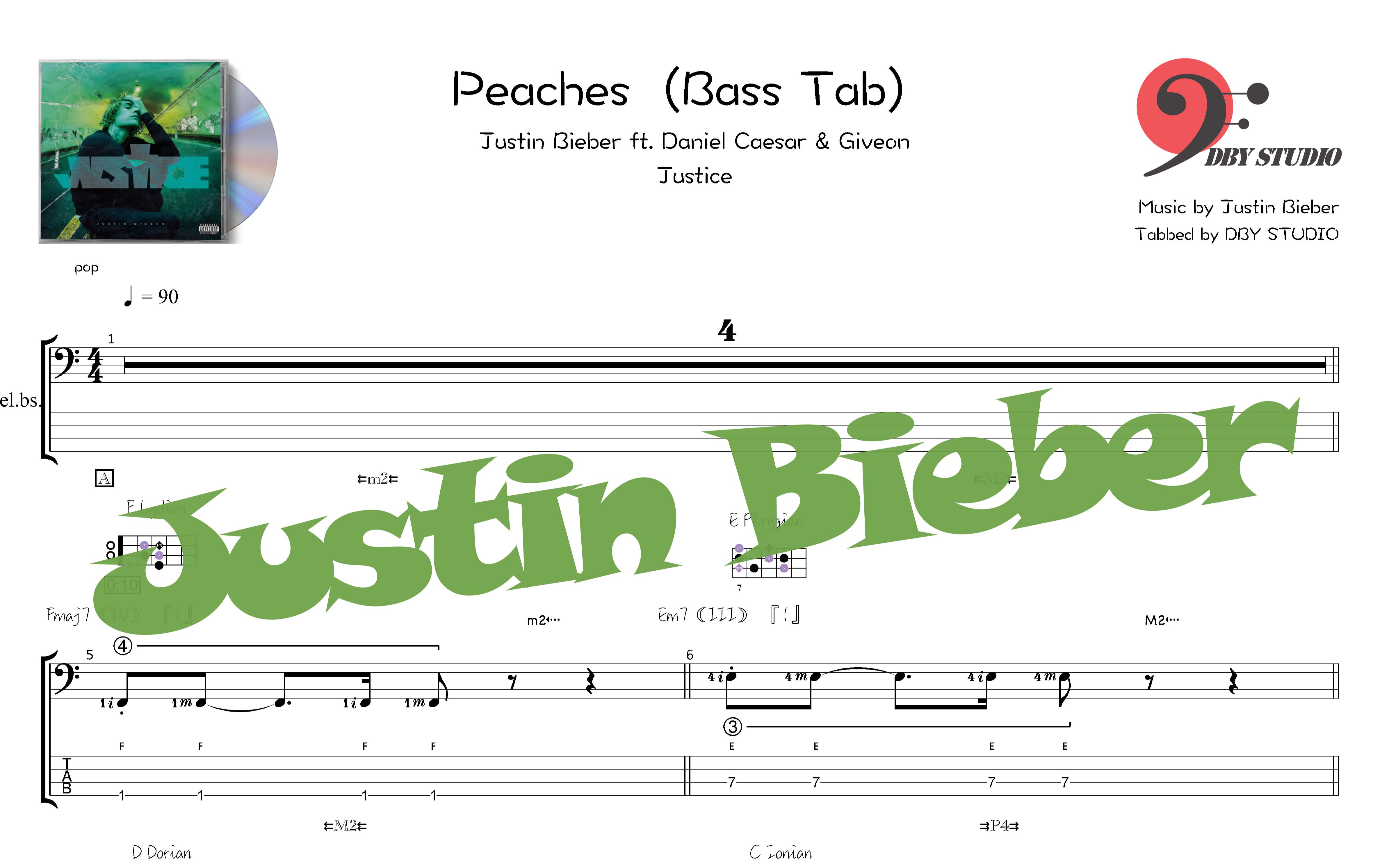 【DBY贝斯谱】完整版 "Justin Bieber  Peaches" Bass Tab哔哩哔哩bilibili