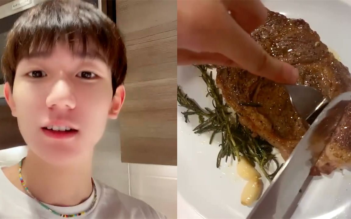王源元宵节煎牛排吃,倒"香槟"用的杯子很特别,竟是情侣款的_哔哩哔哩