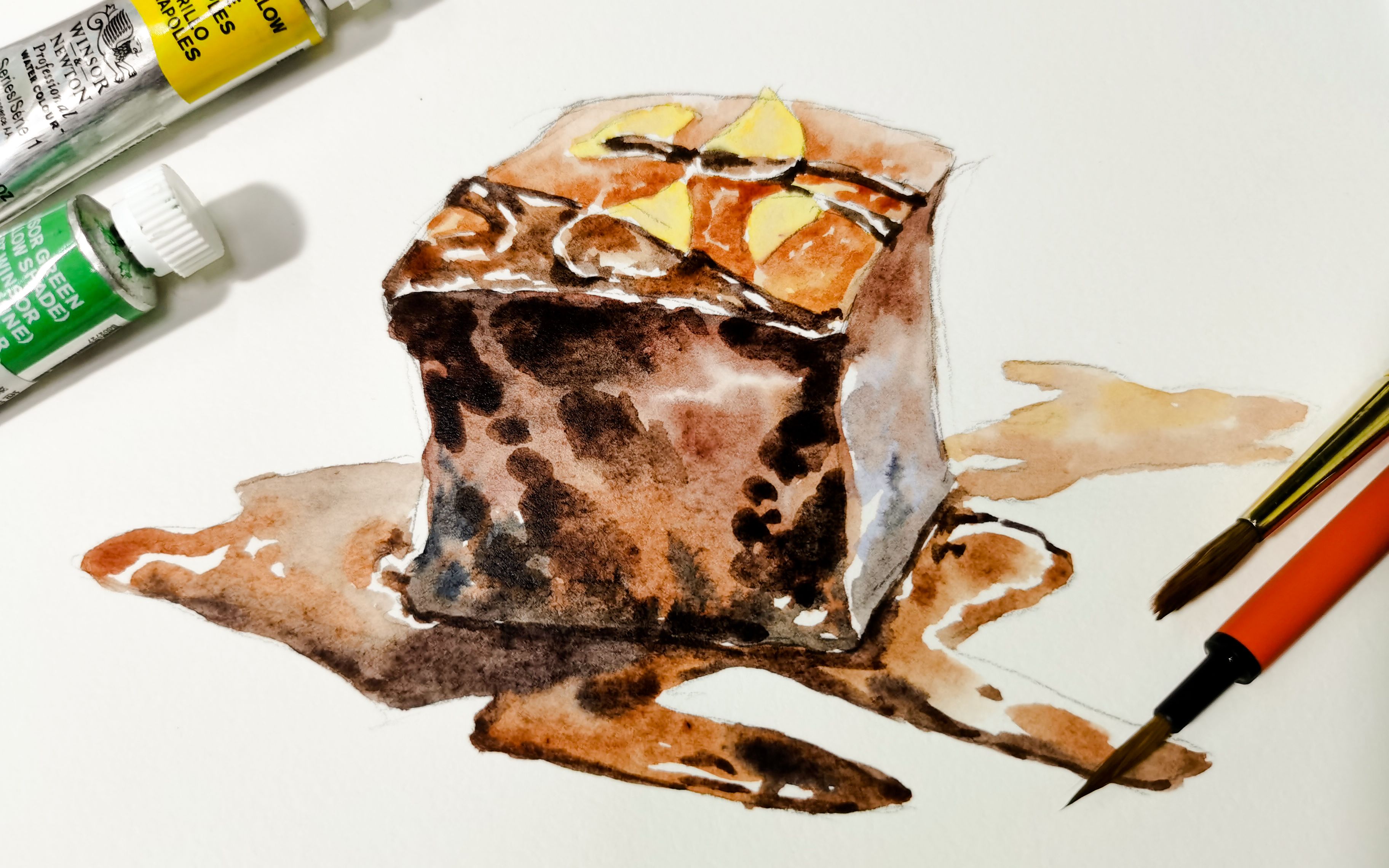 【水彩】只用四个颜色就可以画好的巧克力布朗尼