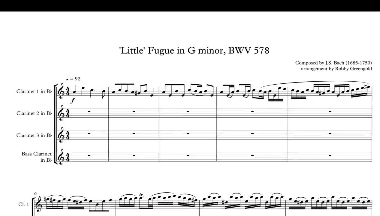 [图]【单簧管】单簧管四重奏,巴赫-G小调赋格, BWV 578, Fugue in G minor, BWV 578,Clarinet Quartet