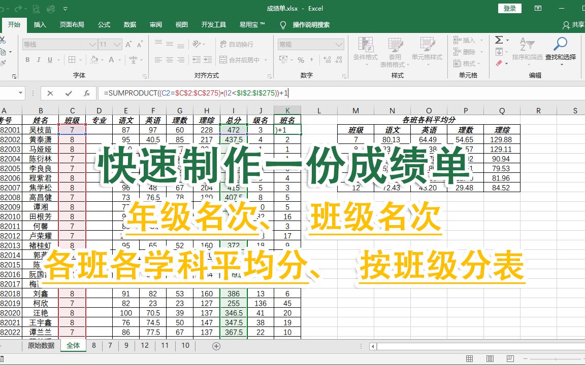 [图]如何快速制作一份成绩单？求出班级名次，并按班级拆分工作表？