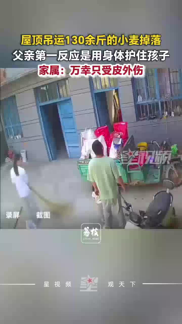 屋顶吊运130余斤小麦掉落，父亲秒反应用身体护住孩子，自己被砸
