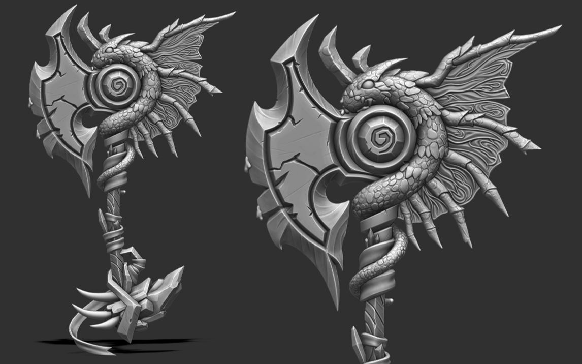 次世代"毒斧"高模制作流程,3dmax低模搭建,zbrush高模雕刻,游戏武器