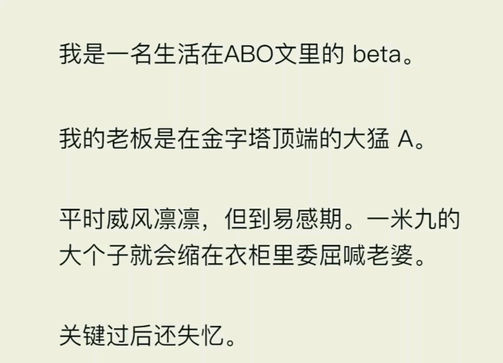 我是一名生活在 abo 文裡的 beta.我的老闆是在金字塔頂端的大猛 a.