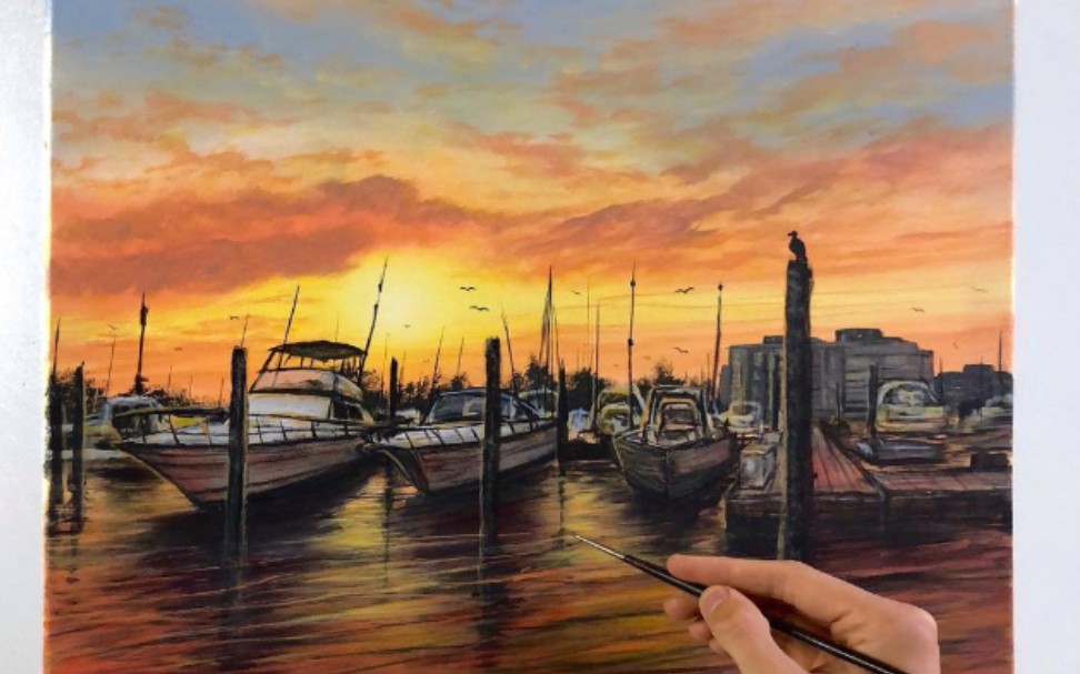 【丙烯】colorbyfeliks教你用丙烯绘画逼真晚霞码头船只风景