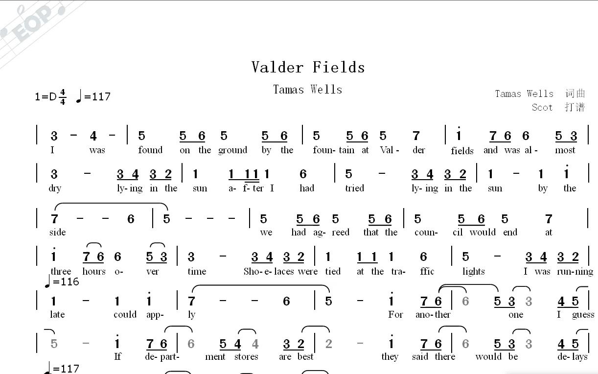 Valder Fields(Tamas Wells演唱)动态简谱哔哩哔哩bilibili