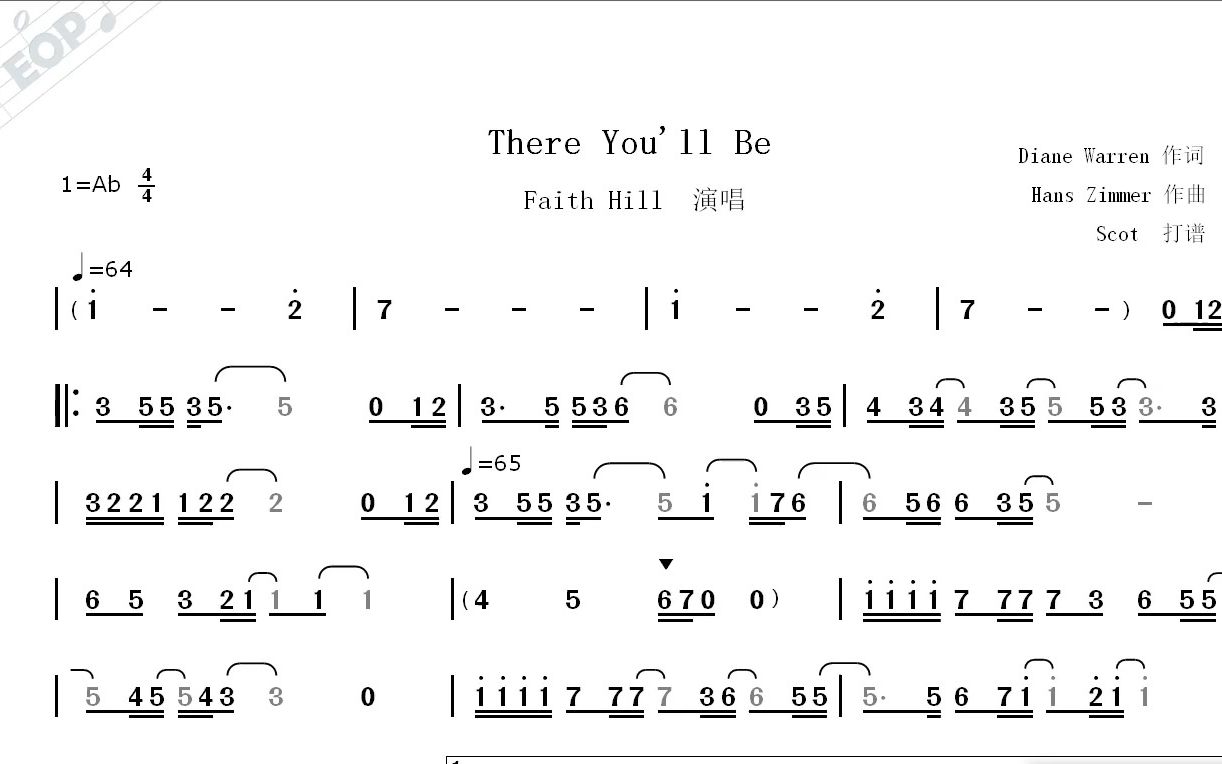 [图]《珍珠港》主题曲--There You'll Be（Faith Hill演唱）--动态简谱