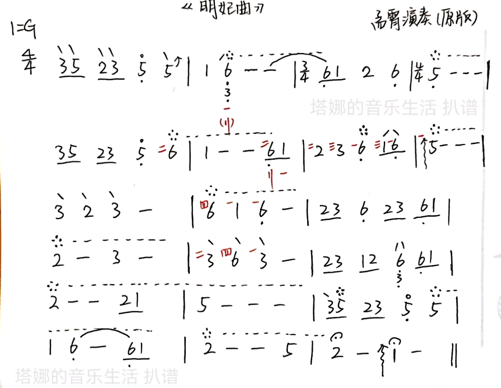 [图]琵琶扒谱 可能有错误见谅～最近火的梦华录电视剧其中的《明妃曲》听了好多版本，偶然看到孟霄老师原版的演奏，纯纯喜欢上了 找了半天配乐没找到，只能自己配了