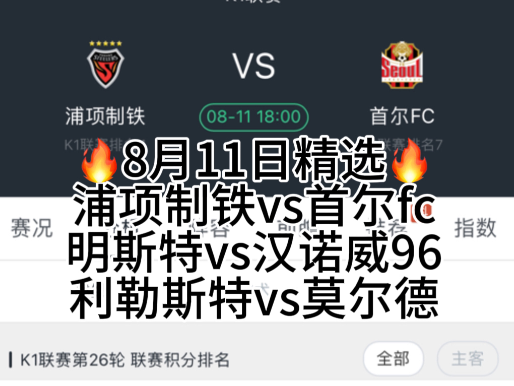 初盘平/半高水对浦项制铁是否有利 浦项制铁vs首尔fc 明斯特vs汉诺威96 利勒斯特vs莫尔德 8月11日竞彩足球推荐哔哩哔哩bilibili