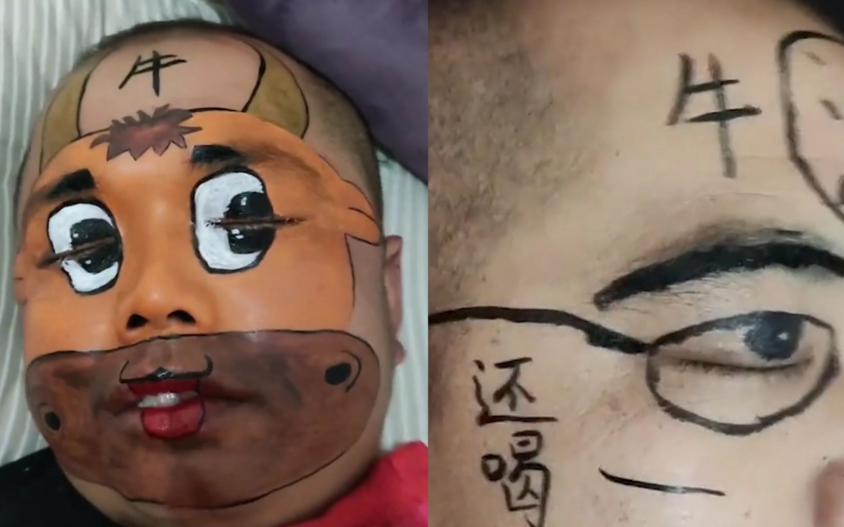 丈夫喝醉回家倒头就睡,妻子趁机在他脸上偷偷画画:画到戒酒为止