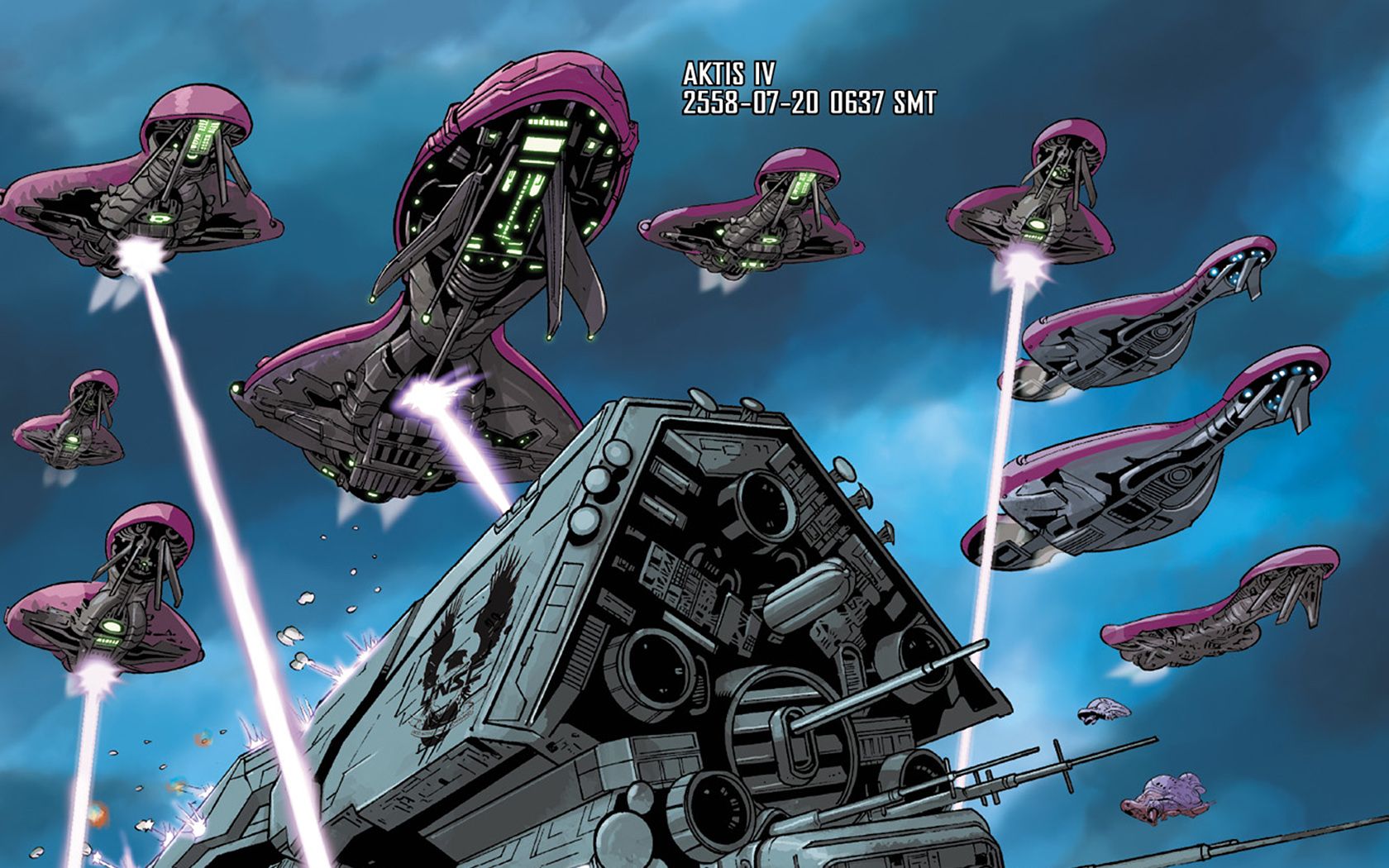光环漫画 aktis iv行星太空战役 星盟飞船开火攻击aktis iv行星halo