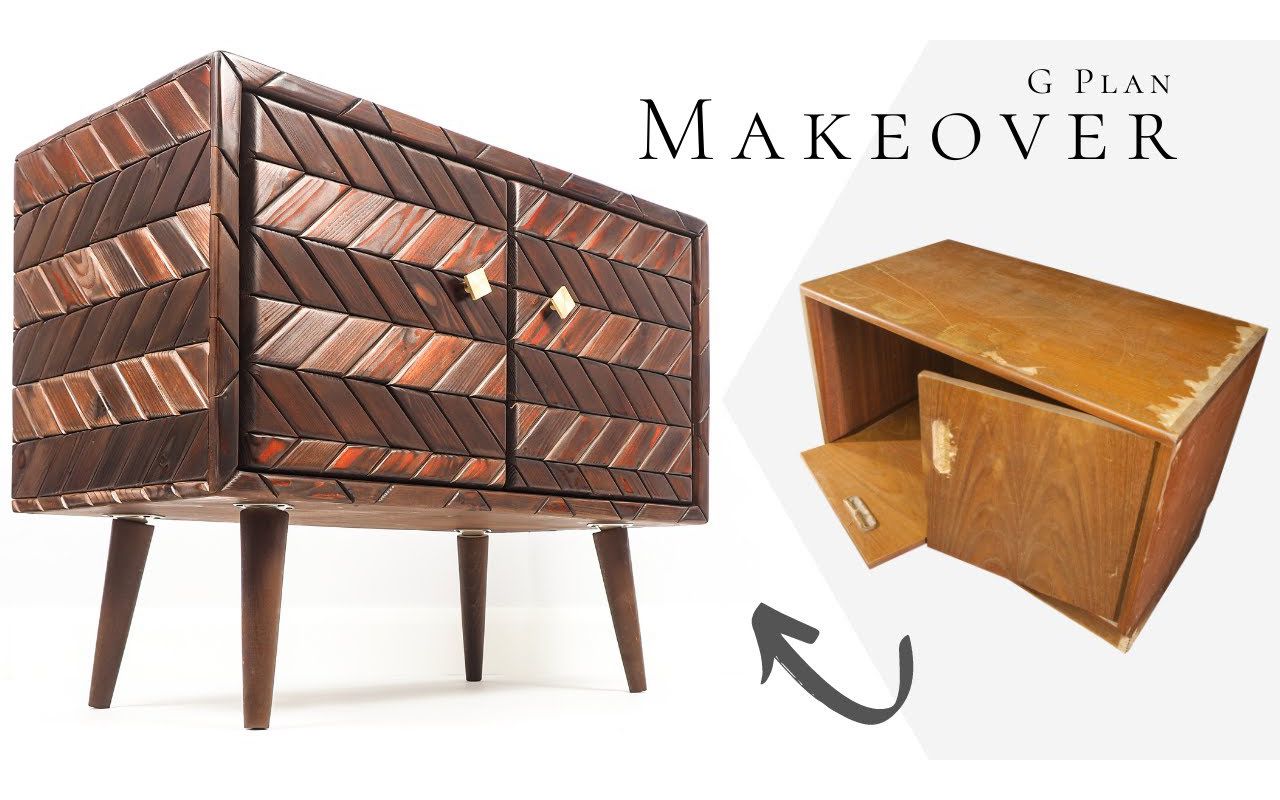 家具翻新小木块拼接花纹饰面上世纪残破纤维板家具改造