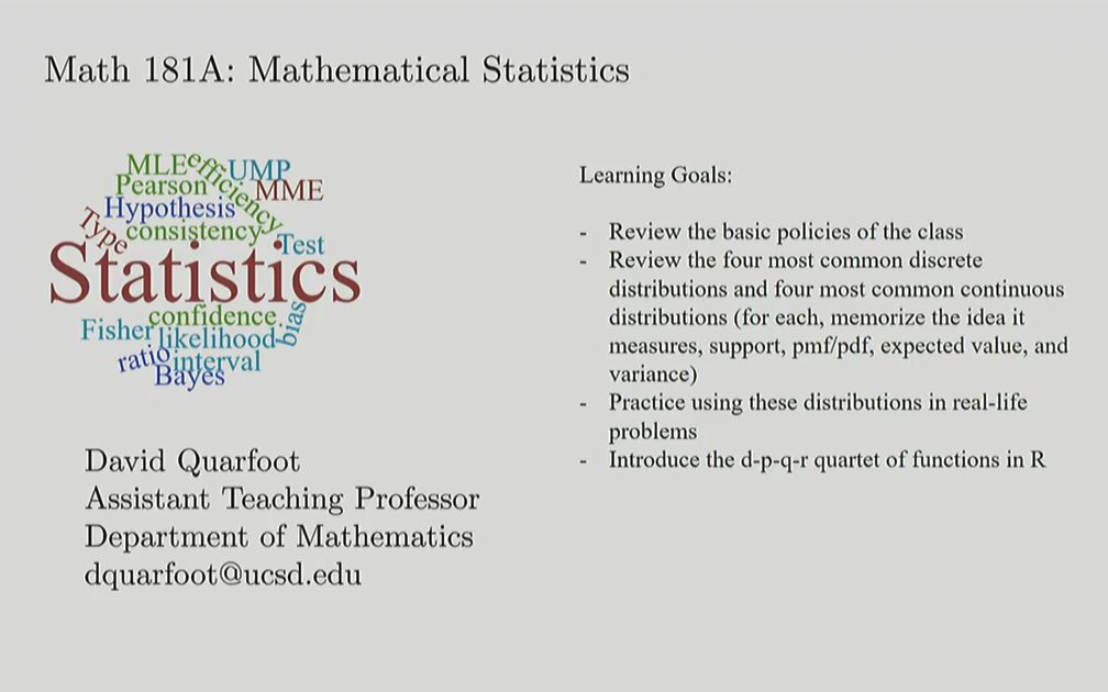 加州大学圣地亚哥分校 MATH 181A 数理统计I Mathematical Statistics I(Winter 2019)哔哩哔哩bilibili