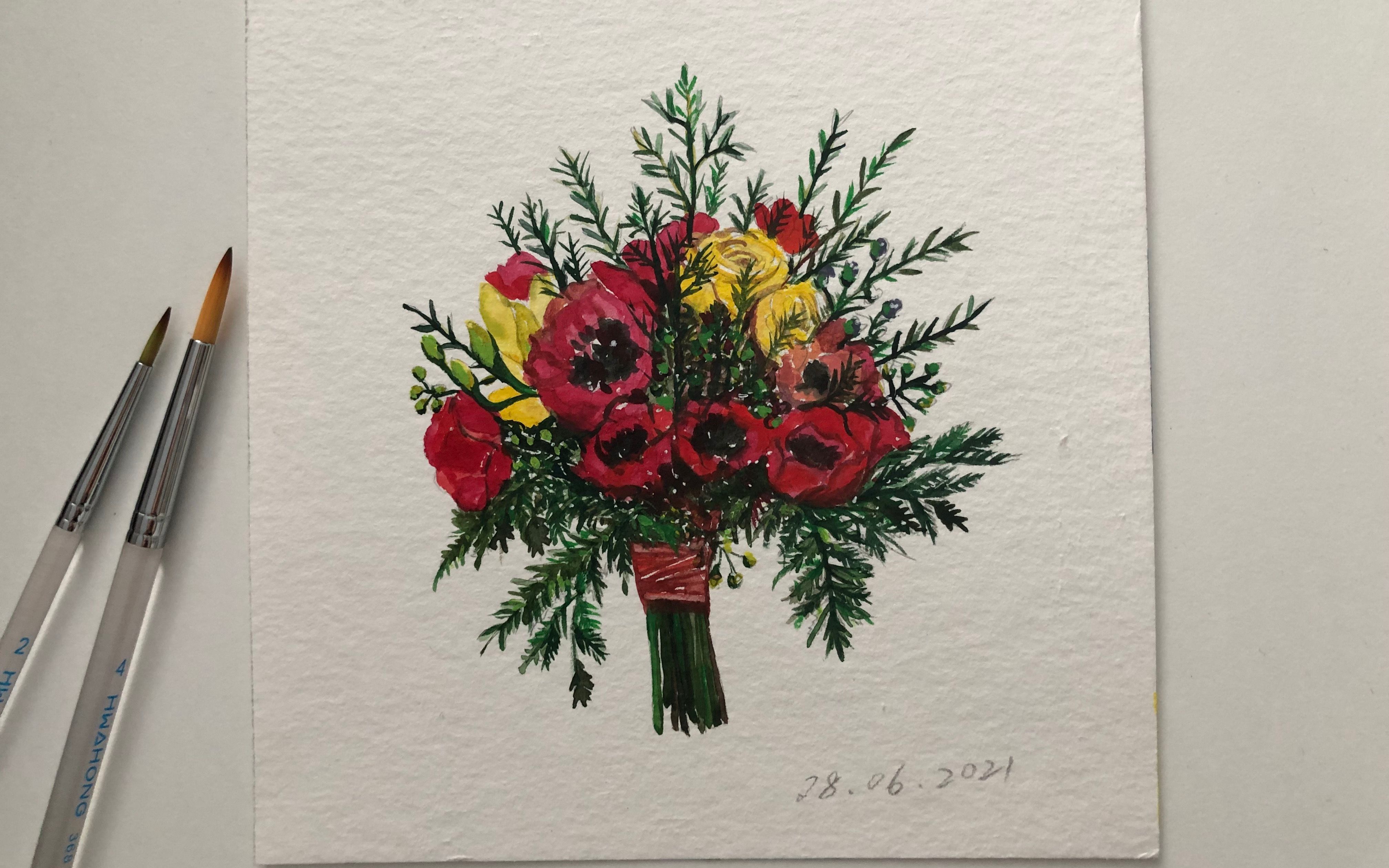 水彩画过程,水彩花束,水彩练习稿