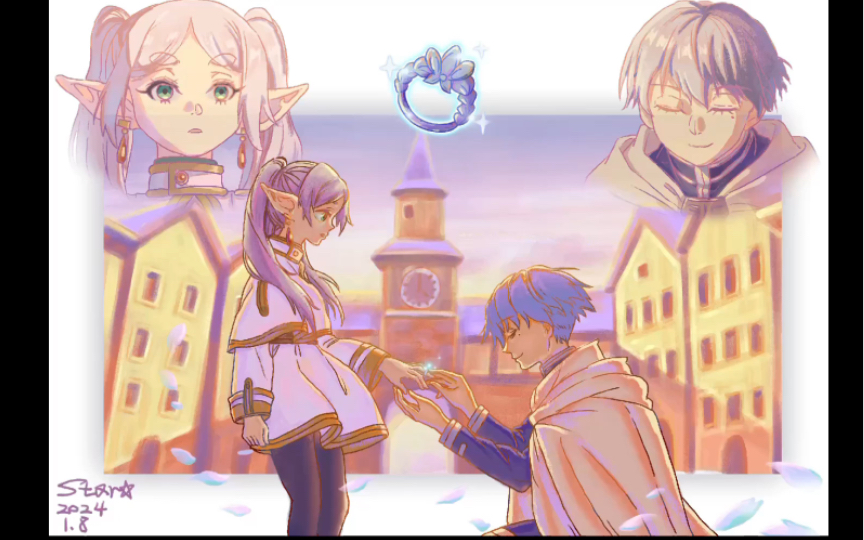 【绘画同人】辛美尔给芙丽莲戴戒指的画面