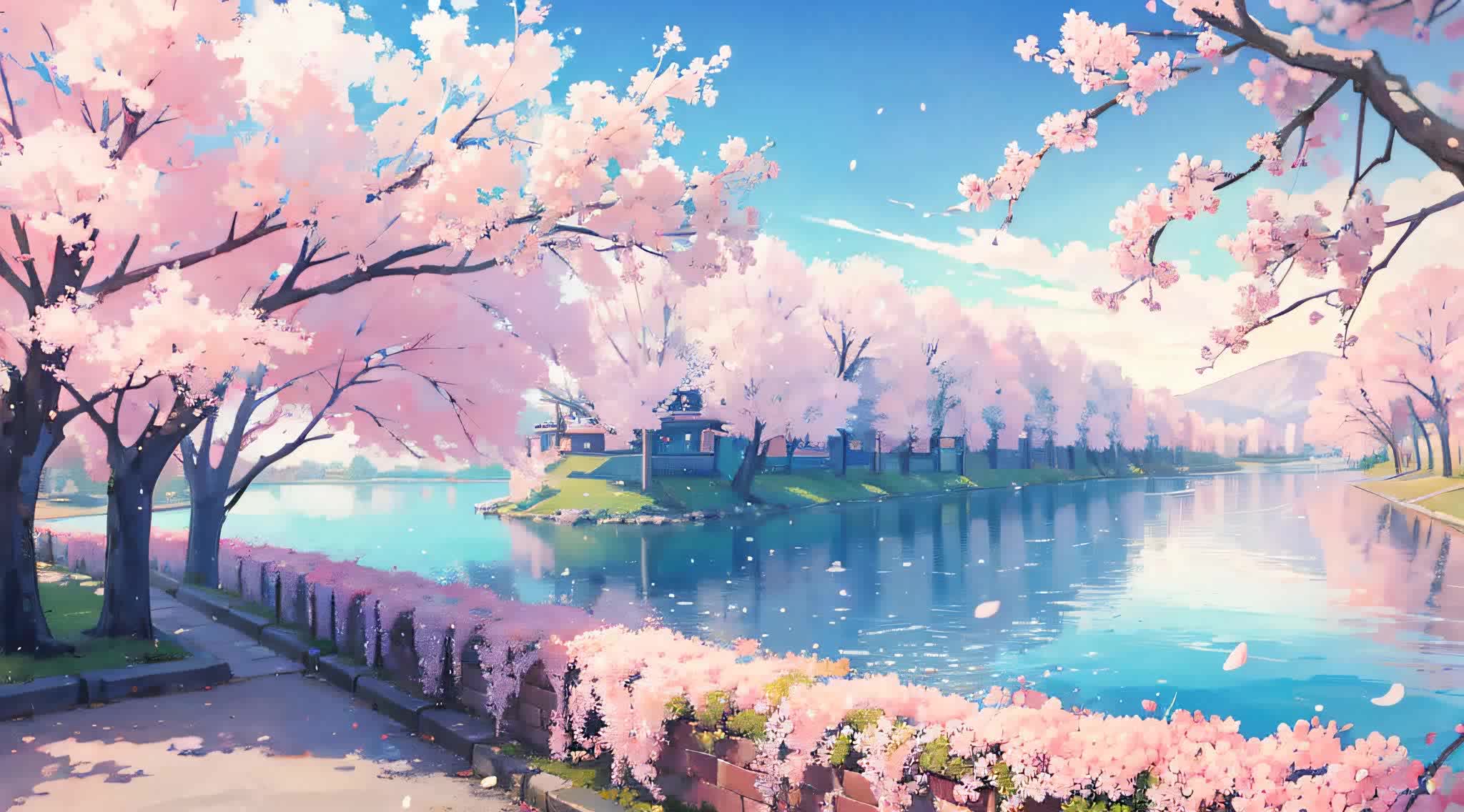 最好的质量城市里的小湖樱花树樱花花瓣背景