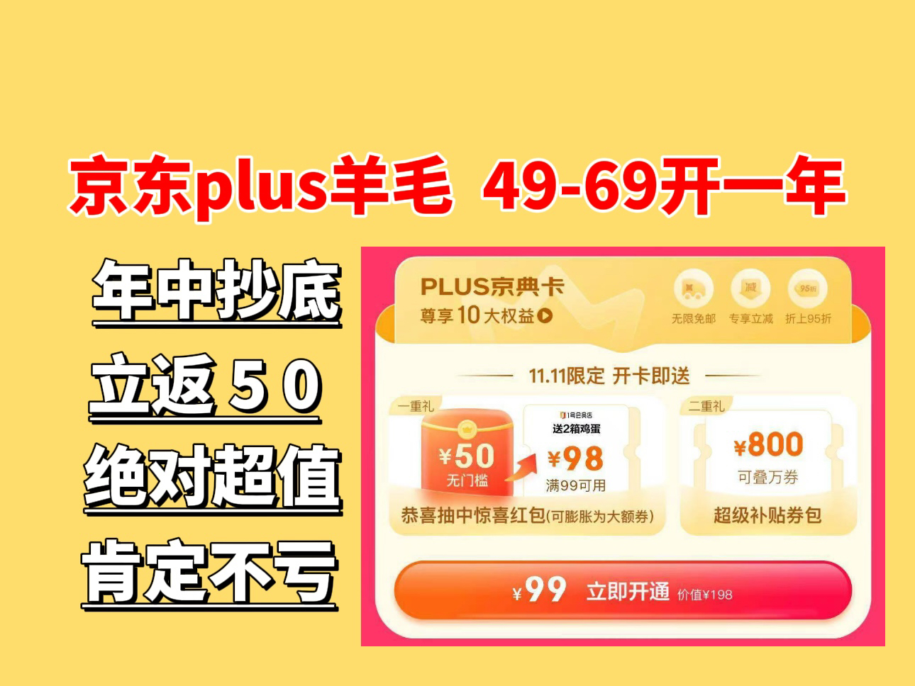 家人们,京东plus会员羊毛来了,实测最低只要49,就能拿下一年!!但是东哥根据账号情况不一样,每个人反得也不一样,反正只要返3050,开绝对不亏...