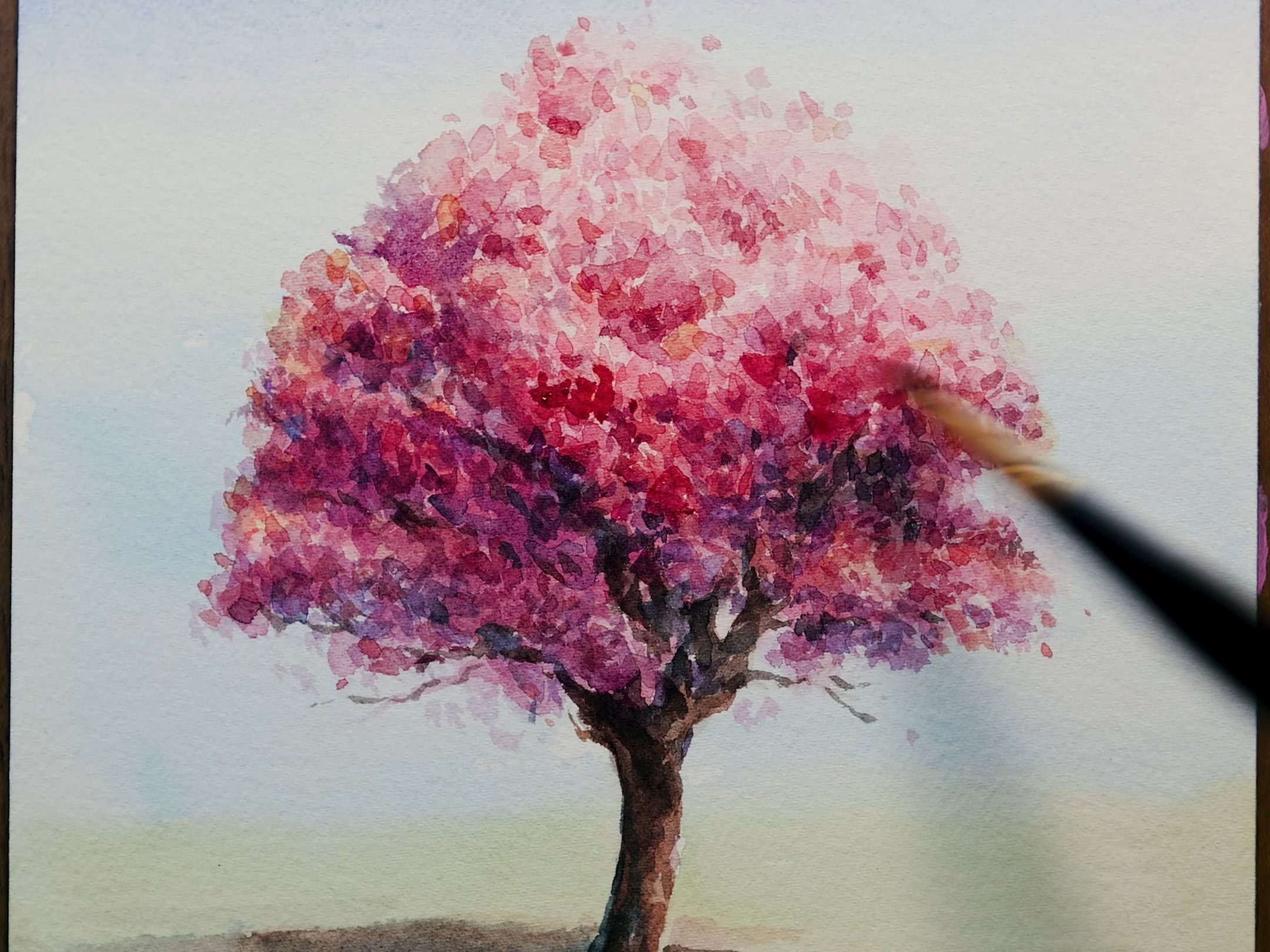 樱花树水彩画教程pink tree watercolor