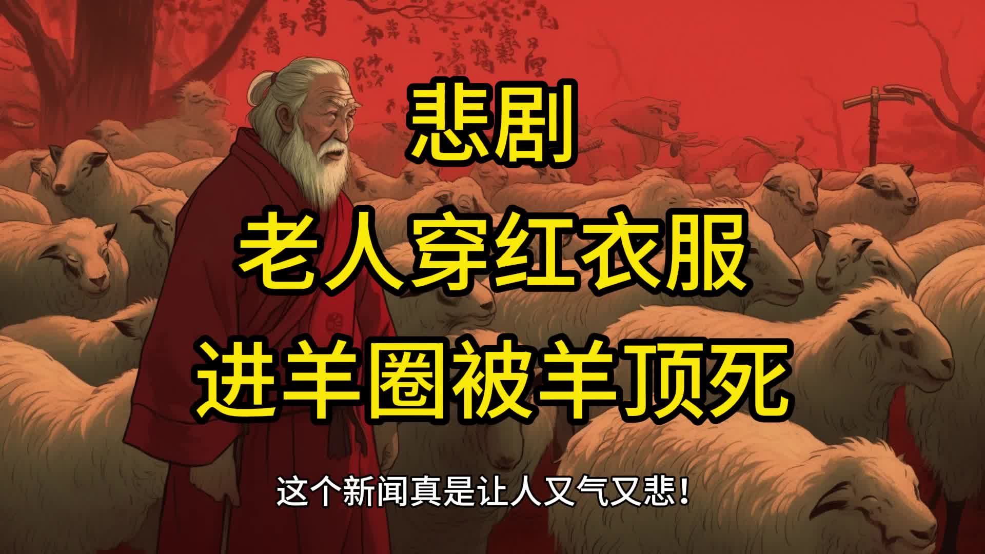 悲剧,老人穿红衣服进羊圈被羊顶死