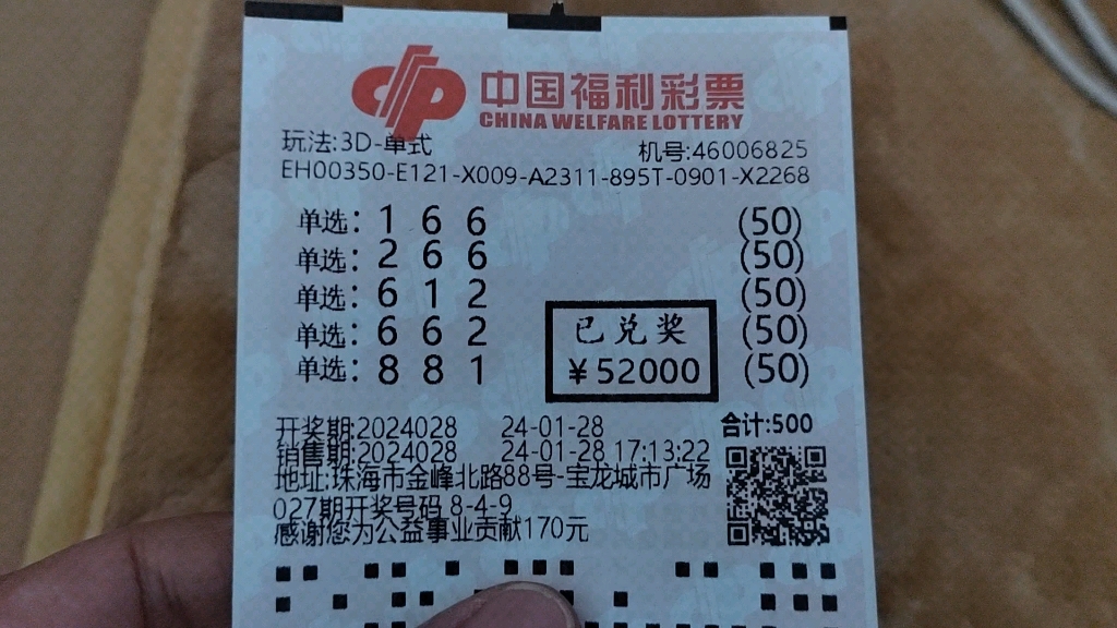 福彩3d第2024028期兑票成功,稳赚五个多,漂亮.