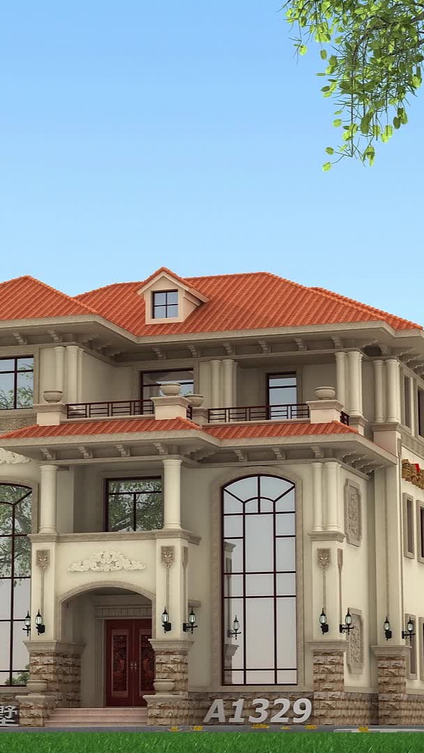 三层农村自建房,屋顶采用橙色,整体靓丽精致.