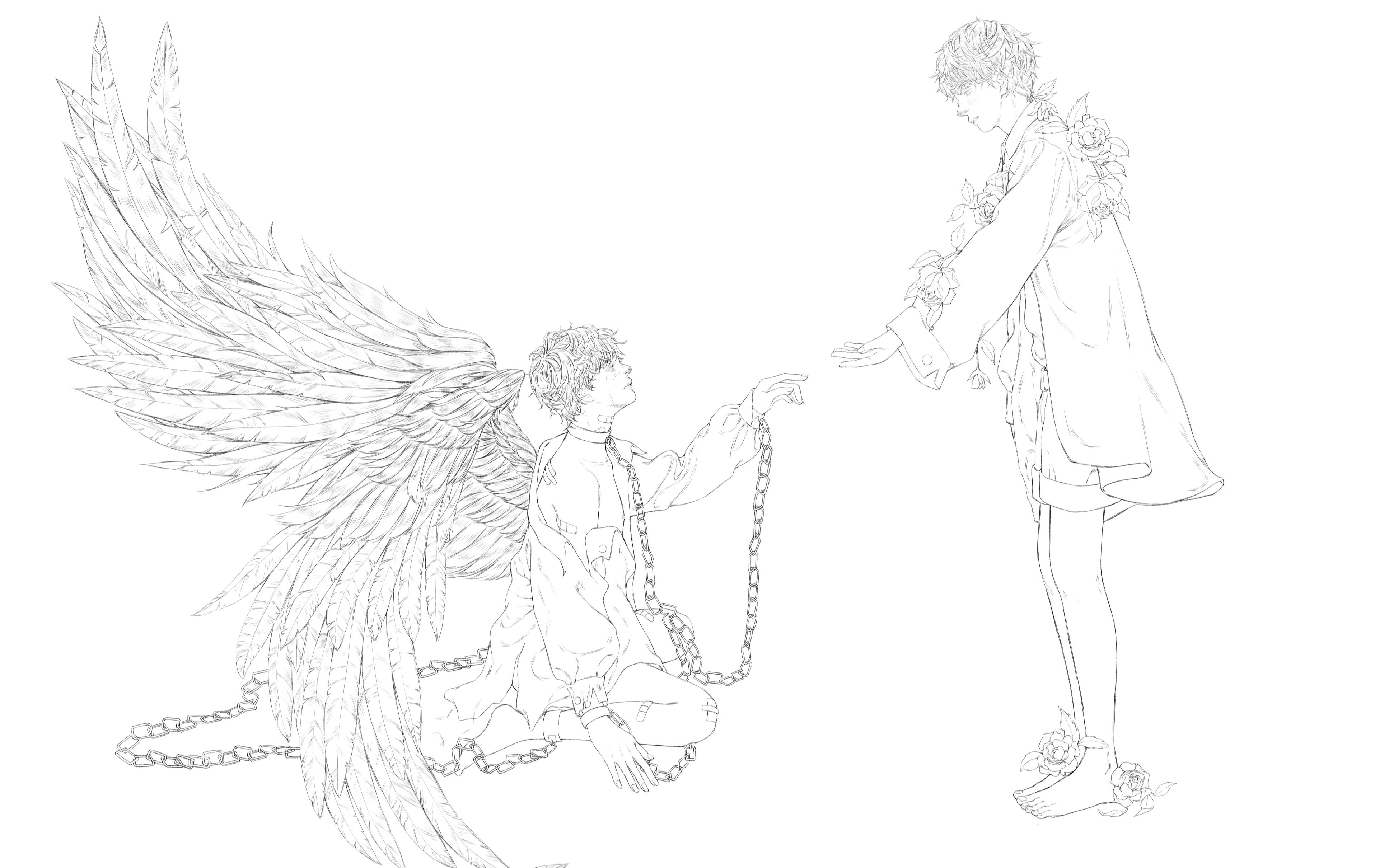 天使与少年稿子-线稿绘制