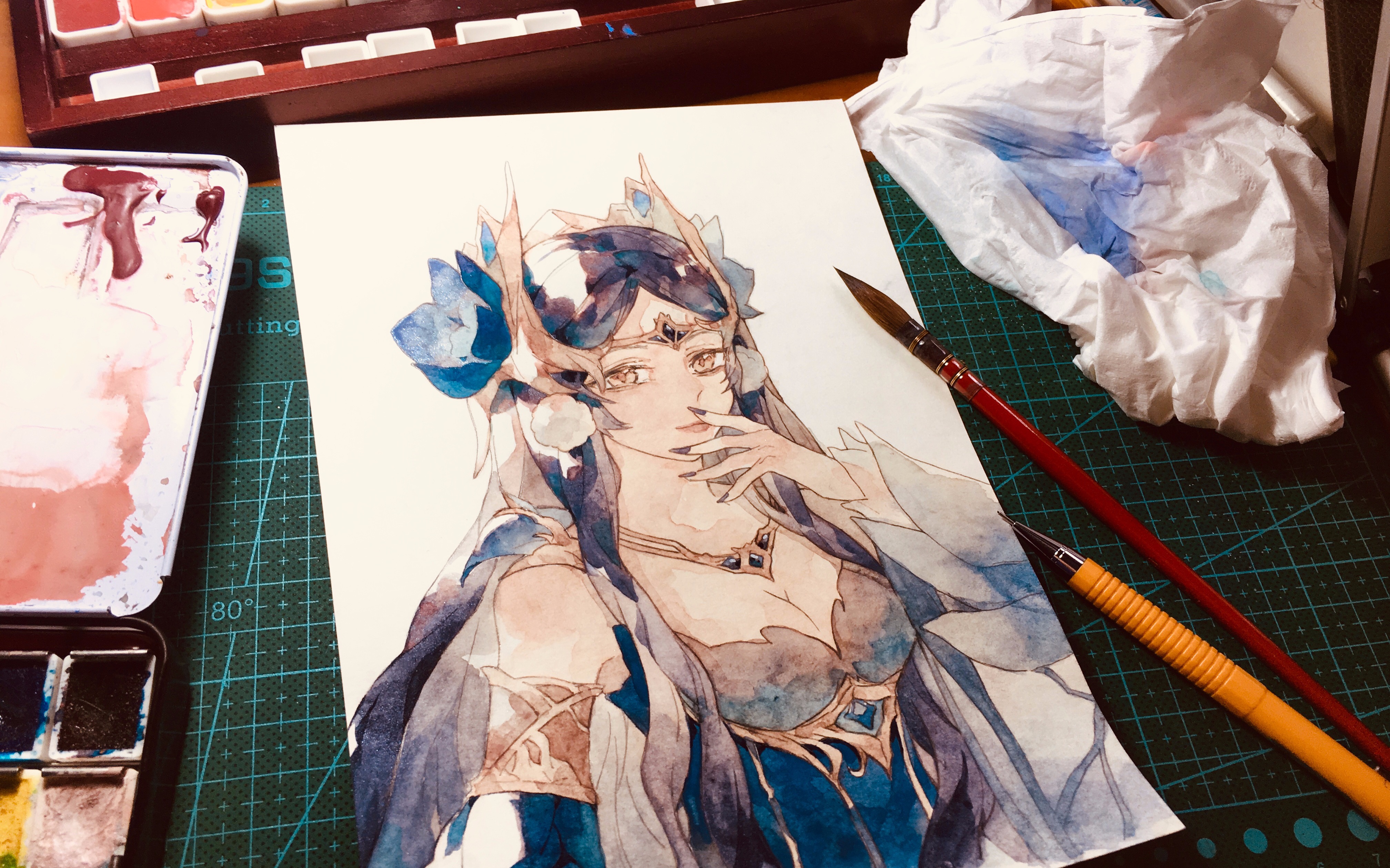 【水彩过程】白卡纸画貂蝉仲夏夜,那个女人