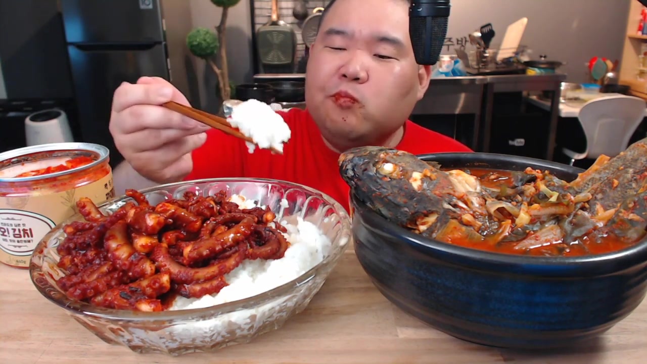 韩国吃货胖哥,吃辣鱼汤,辣八爪鱼盖饭,大口吃得太香了