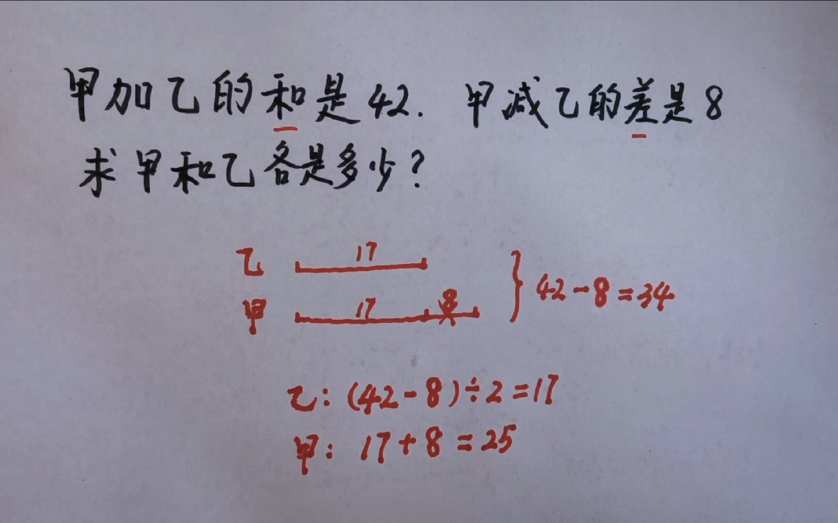 [图]甲加乙的和是42，甲减乙的差是8，求甲和乙各是多少？