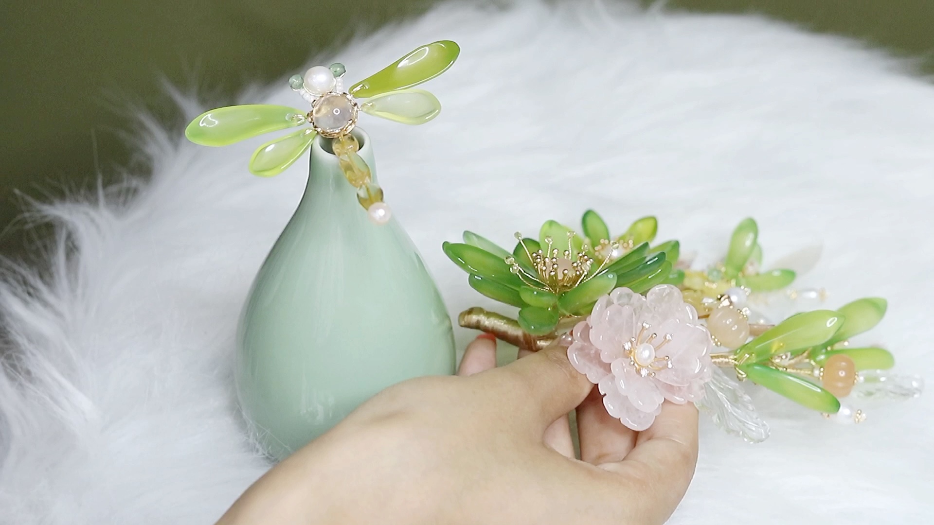 【上新分享】绿色玉簪花系列发簪,绿色小蜻蜓