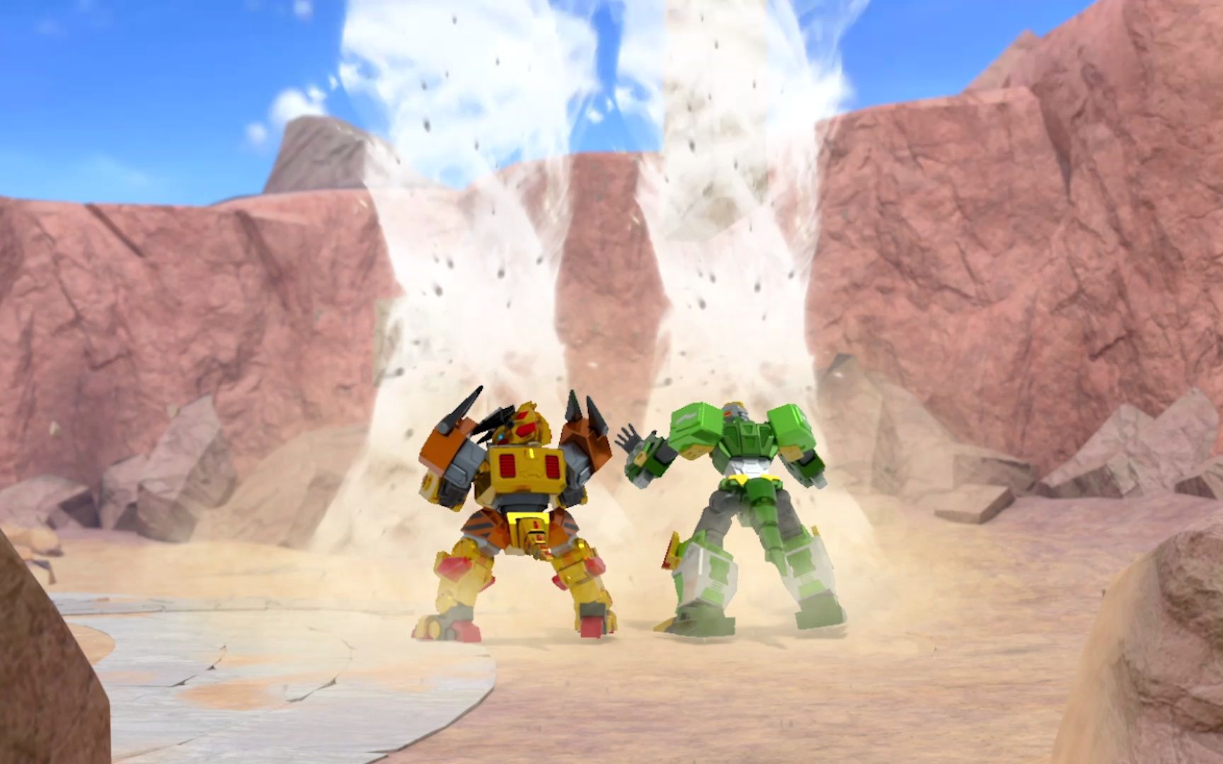 心奇爆龙战车暴龙出击3精彩战斗:躲避攻击的三角龙腕龙