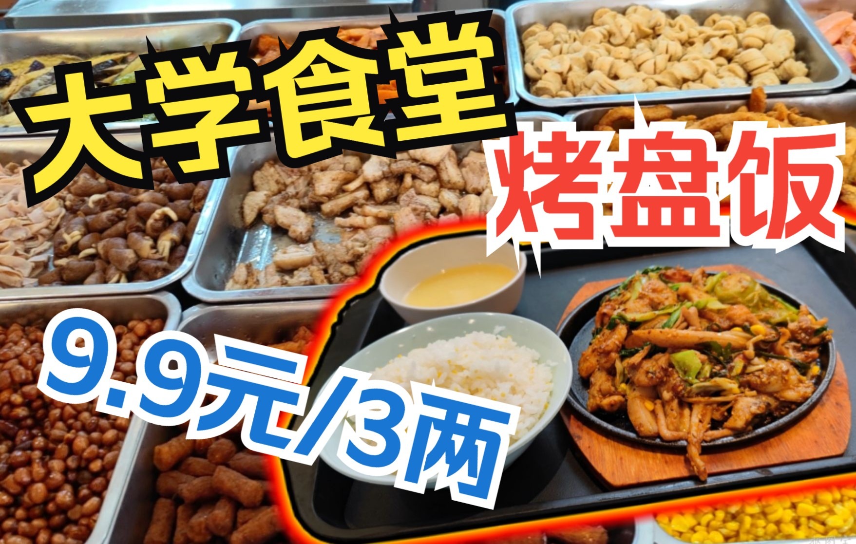 大学食堂烤盘饭,各种荤、素菜自选,9.9元3两的价格贵吗?哔哩哔哩bilibili