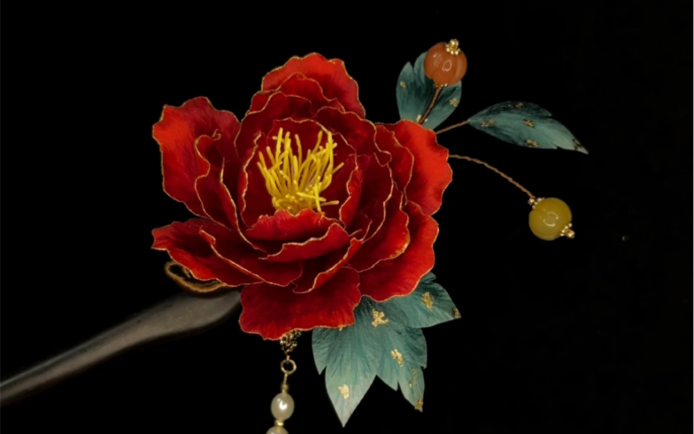 非遗绒花金边牡丹发簪