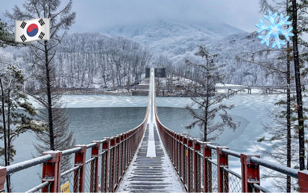 【超清】放松的雪地漫步游韩国京畿道坡州市马场湖水吊桥 拍摄日期