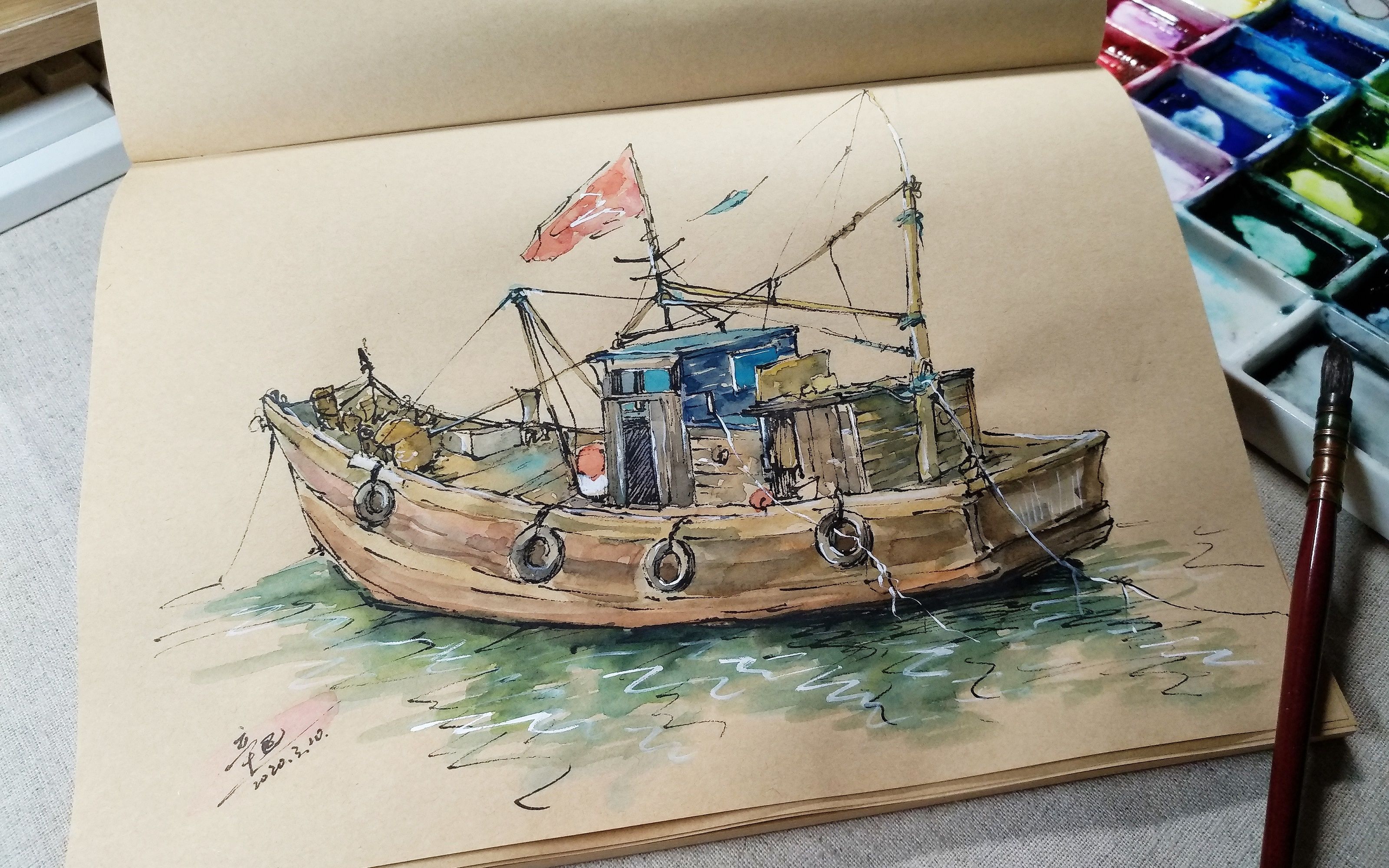 小船⑦|块面化把握画面形准|牛皮纸钢笔水彩系列 7|语音讲解