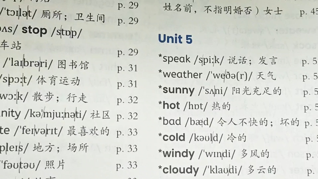 2024人教版新教材小学英语四年级上册第五单元单词指读