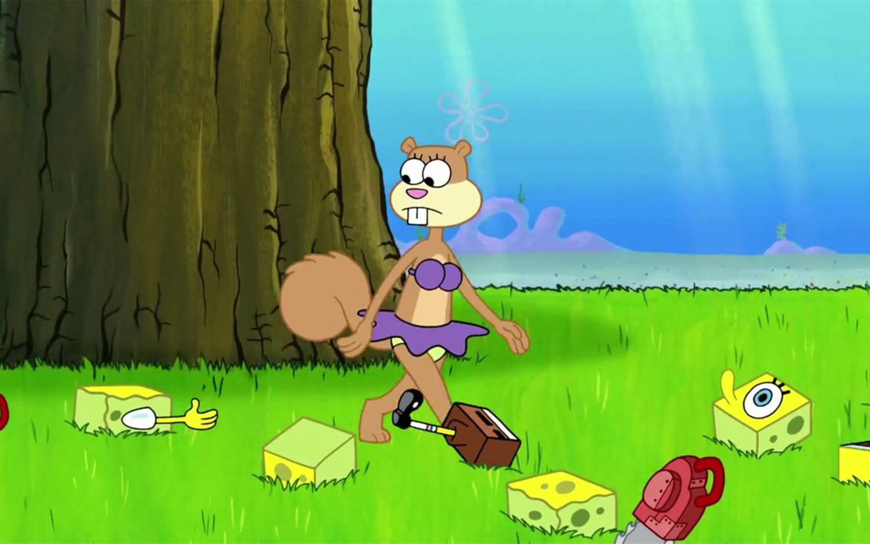 珊迪想破纪录,就拿电锯当玩具抛起,结果坑惨了宝宝!