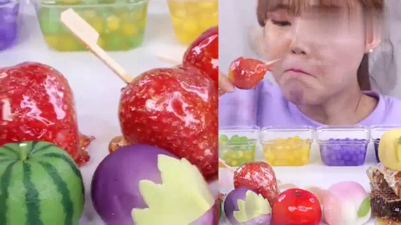 1韩国吃货小姐姐吃冰糖水果蜂巢蜜软糖发出咀嚼音好听