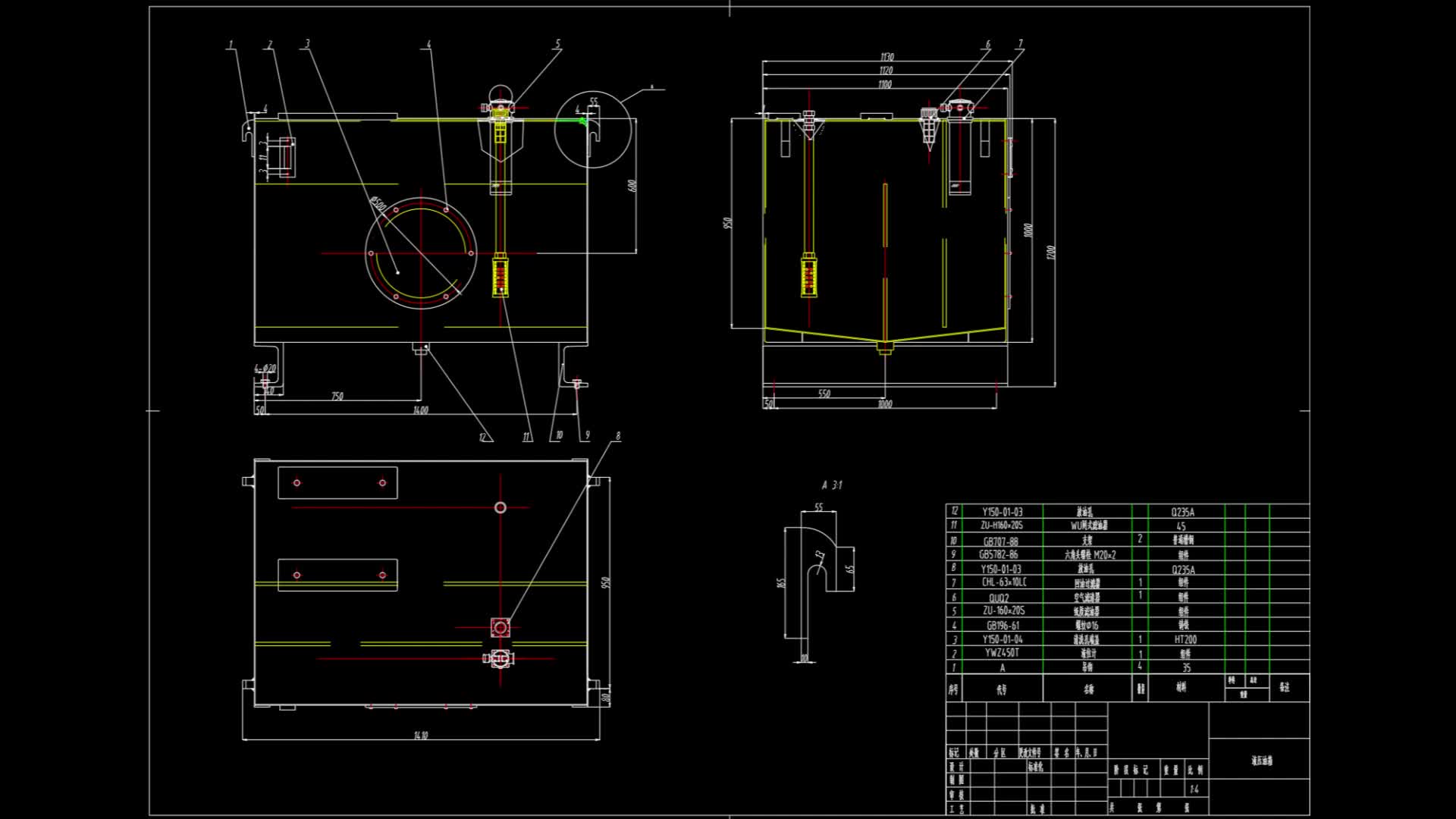 液压油箱的装配图和零件cad