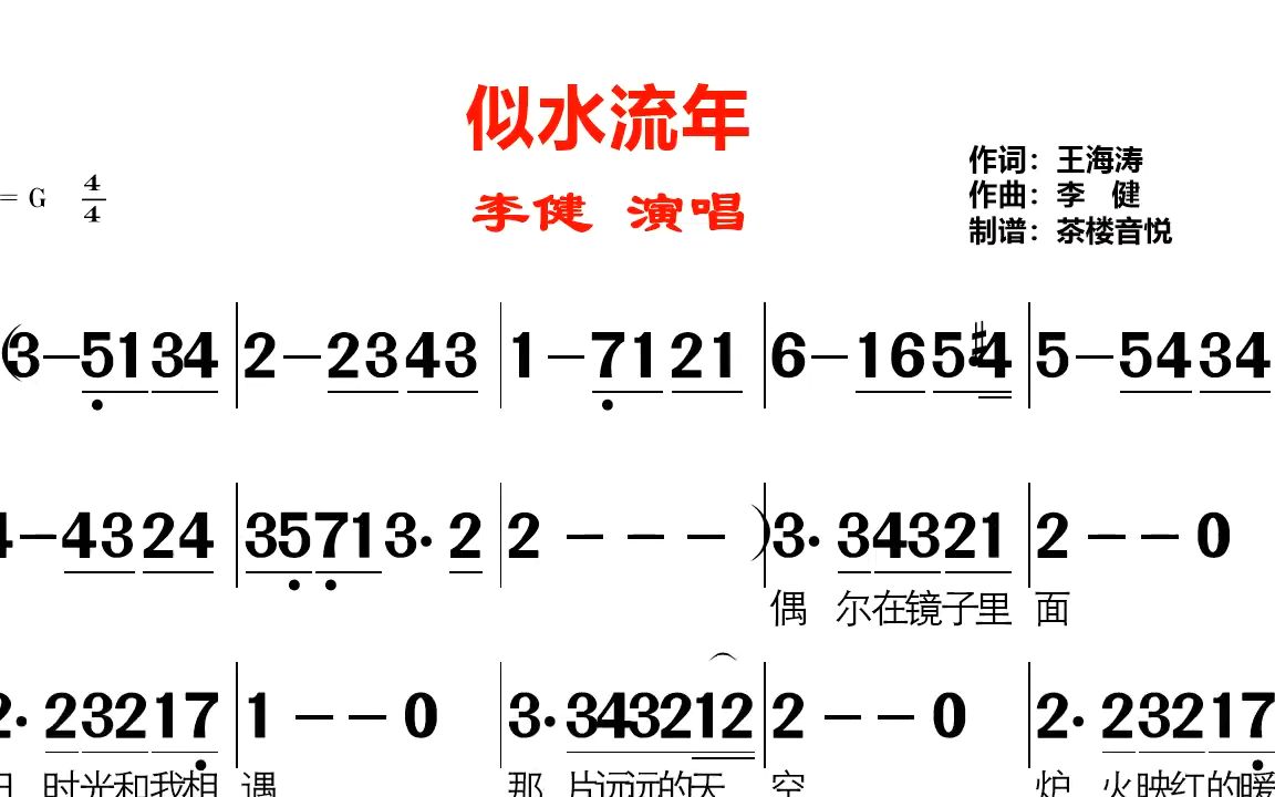 [图]李健《似水流年》视听简谱，歌声委婉悠扬，拿去当伴奏吧