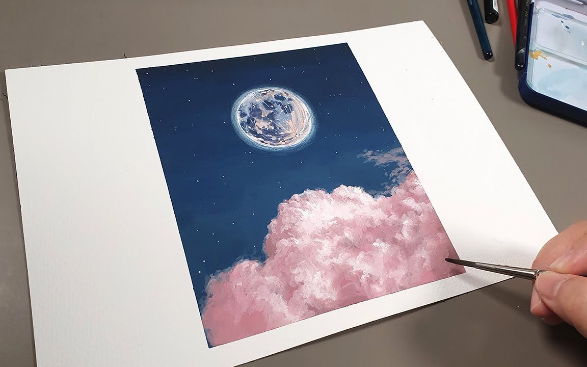 水粉云上一轮满月