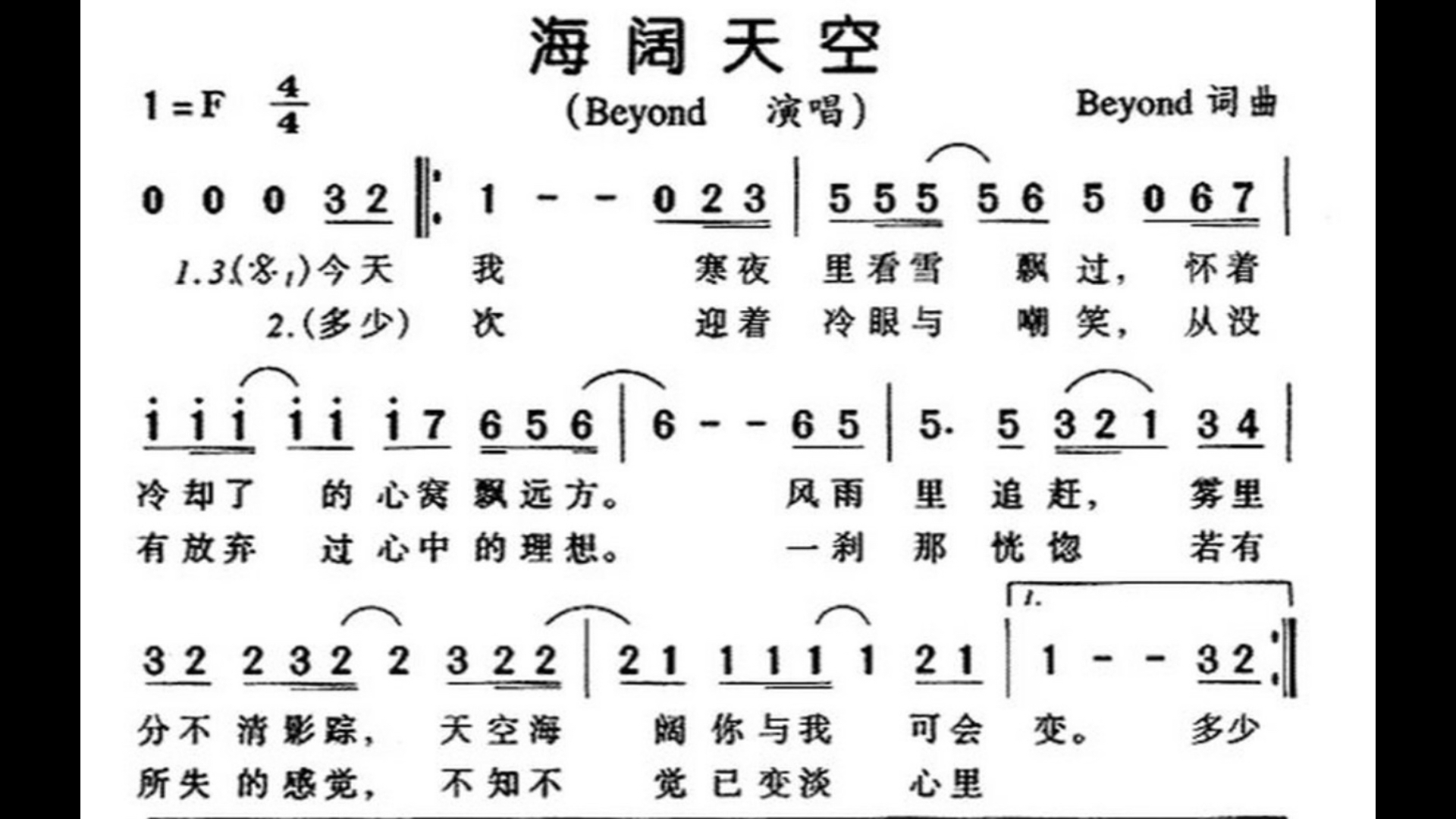 海阔天空 简谱 精简版