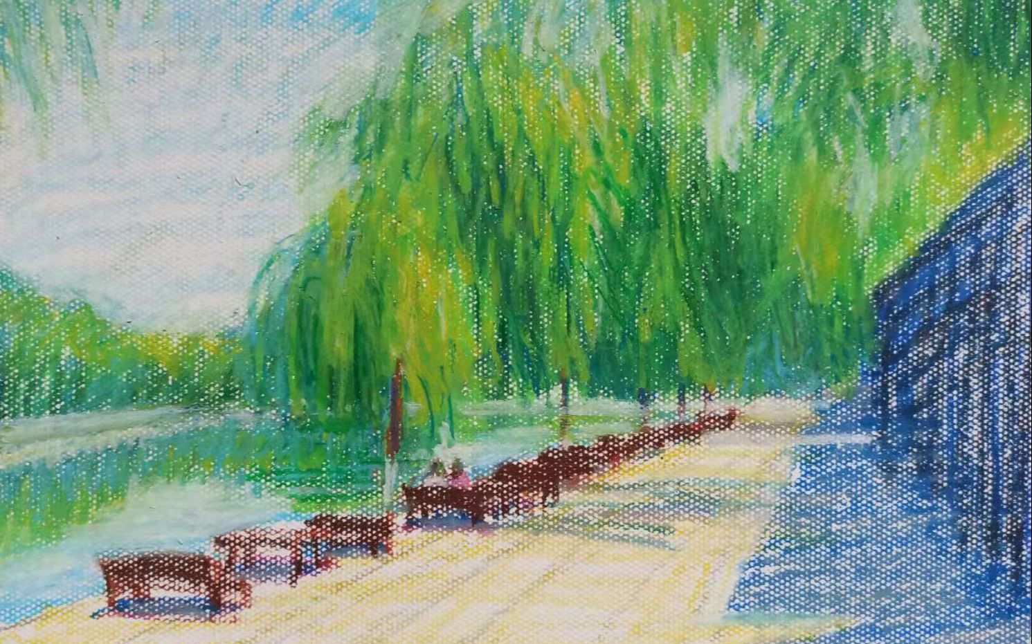 用油画棒画风景画一画济南著名景点网红打卡地百花洲