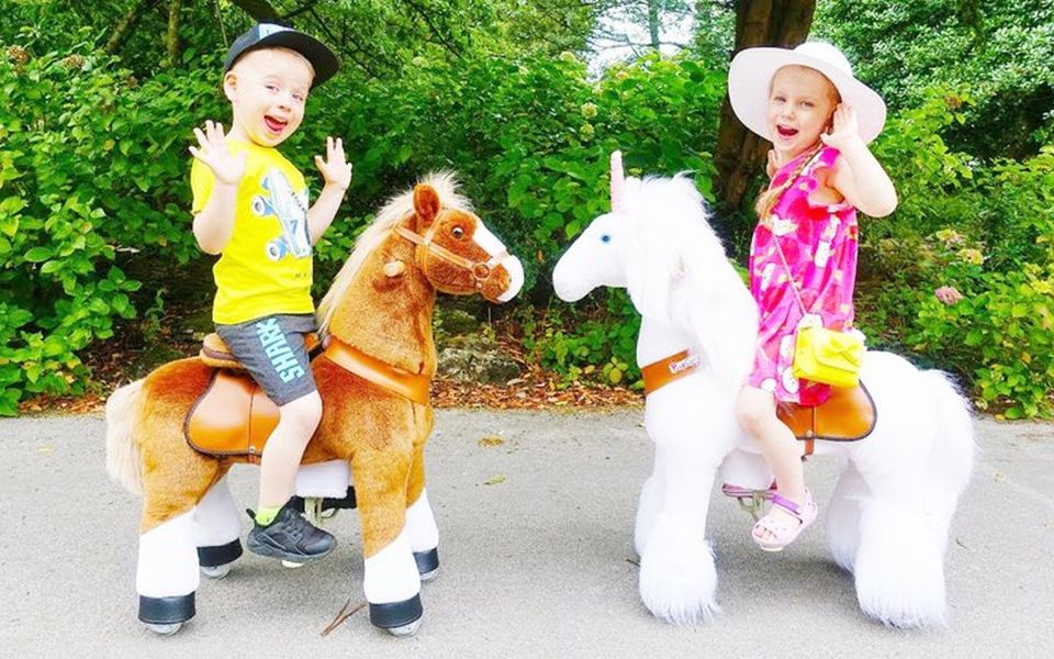 戴安娜小女孩和哥哥一起演绎《玩具马的故事》,她们竟然骑着2匹玩具马