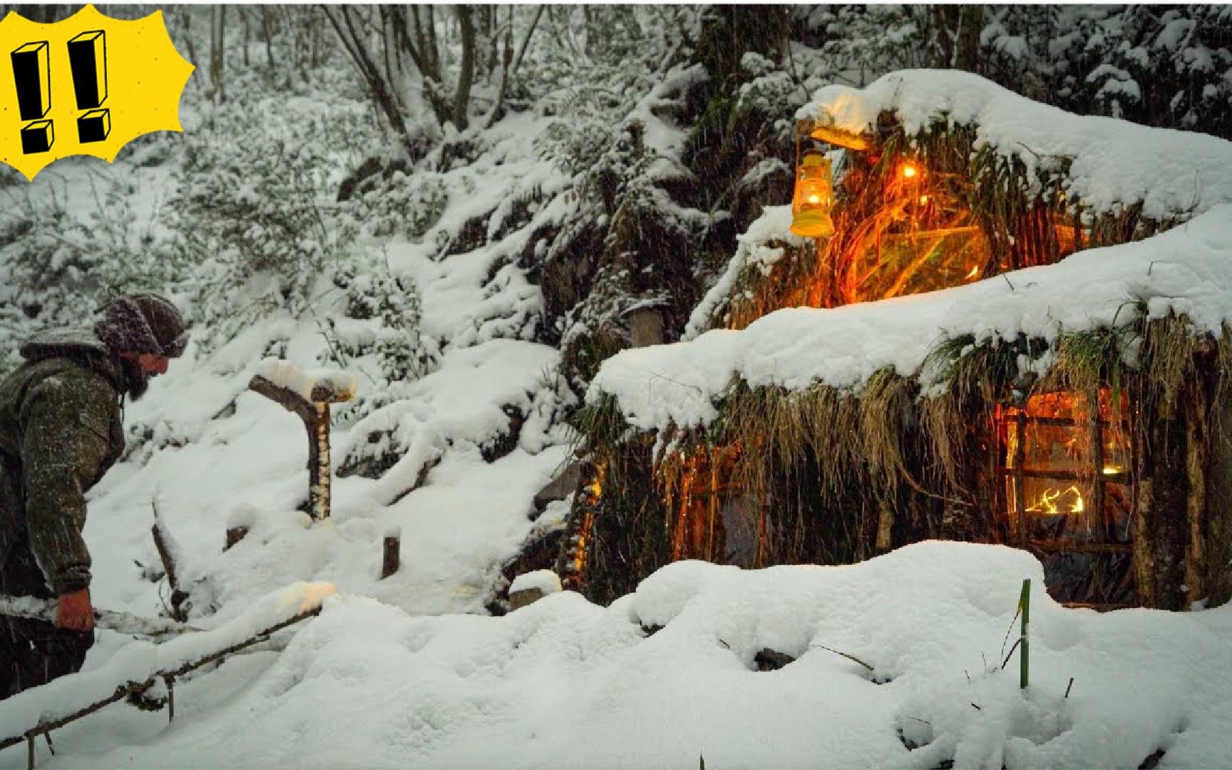 [图]带着爱犬到荒野生活，在一处天然石壁处，建造安全屋躲避大雪风雨