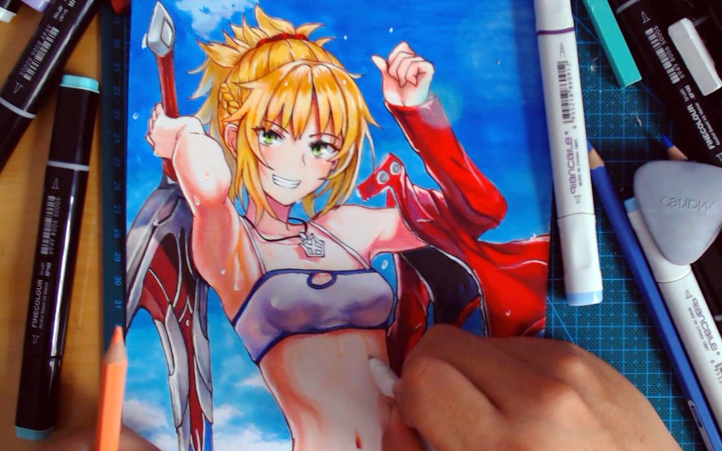 马克笔用马克笔召唤一只泳装saber小莫手绘